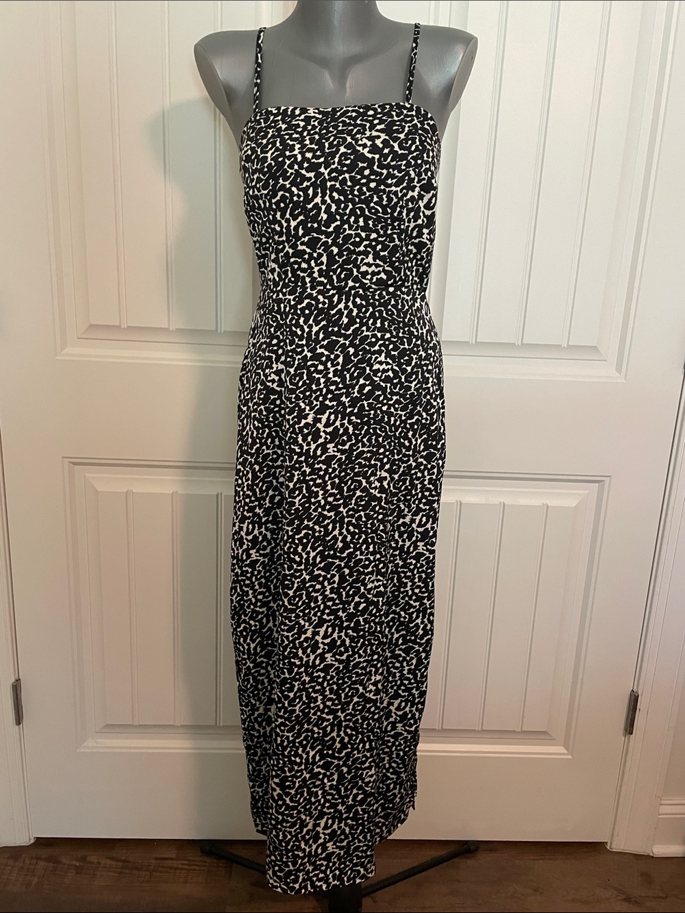 Black & White Leopard Print Midi Slip Dress with Spaghetti Straps